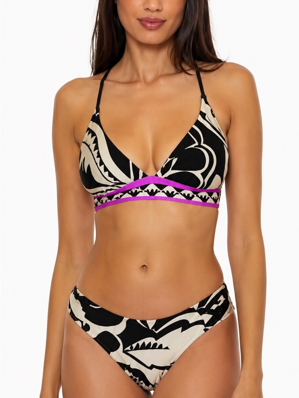 Trina Turk Florence Reversible Bikini Set Black Floral Neon Trim Size 8 NWT